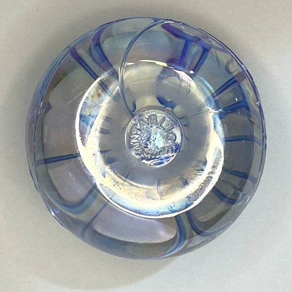 Anton Intaglio Art Glass Iridescent Blue & Clear Threaded Paperweight Signed - Picture 4 of 6